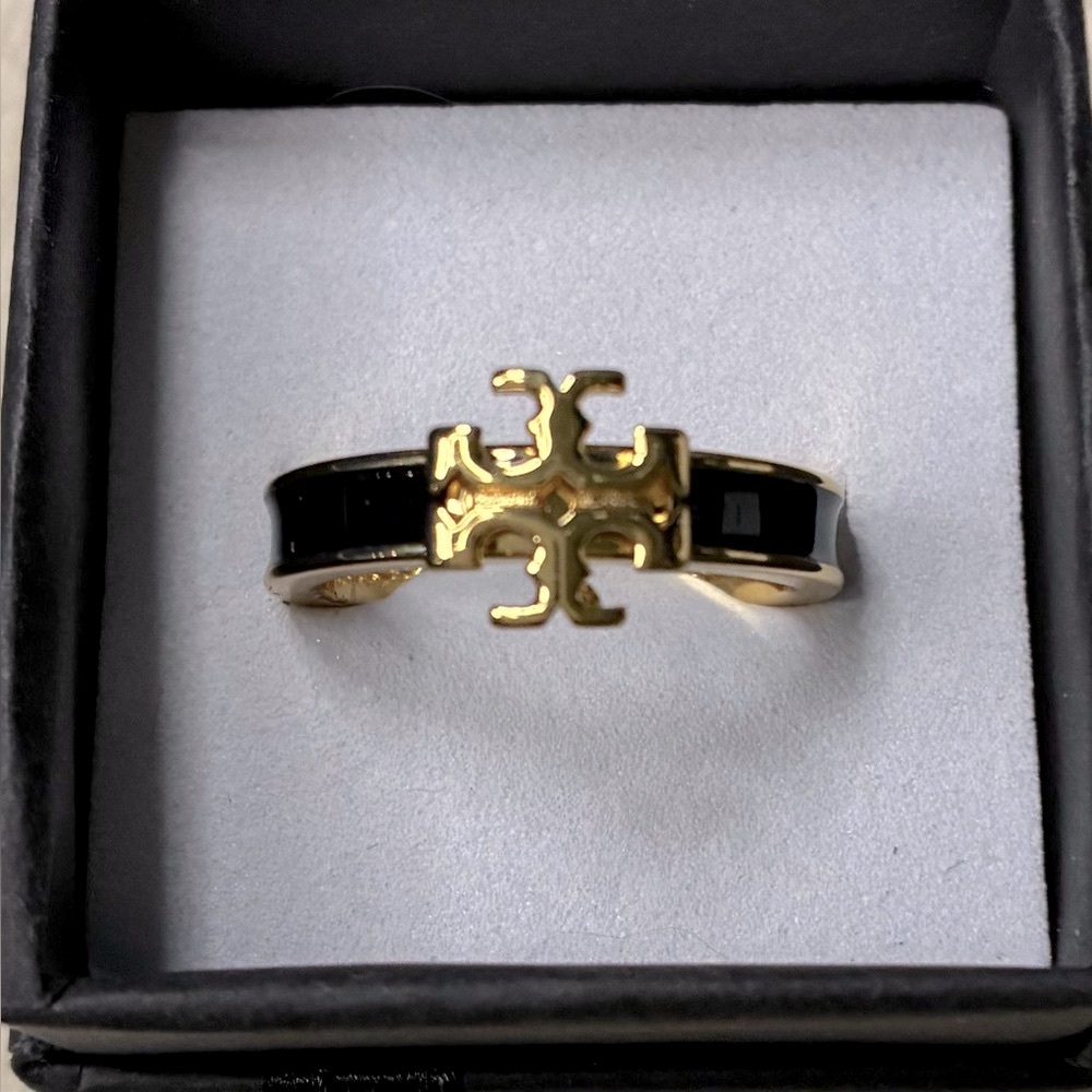 Tory Burch Black and Gold Logo Ring - Picture 2 of 6